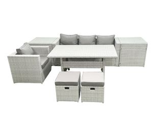 Fimous Rattan Garden Furniture Dining Set 6 Seater Lounge Sofa Chair Dining Table Set with 2 Small Footstools 2 Side Tables Light Grey Mixed