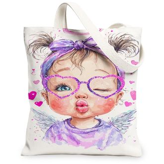 Generic Cute Hearts Canvas Tote Bag, Fun Cartoon Character Print Reusable Grocery Bags, Lightweight Washable Shoulder Strap Canvas, White, 13x15 Inch