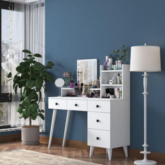 Dmora Tocador Certaldo, Mueble De Maquillaje Con Espejo, 5 Cajones, Estructura Negra, 125x40x94h Cm Blanco