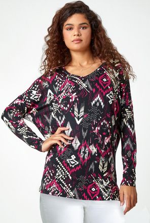Roman Aztec Print V-Neck Stretch Tunic Top