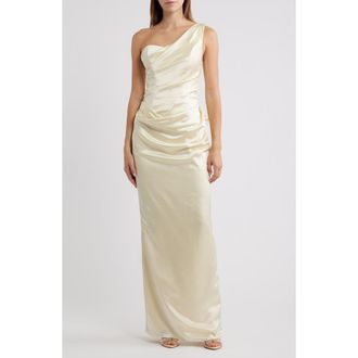 House of CB Caprice One-Shoulder Satin Gown in Lemon at Nordstrom, Size X-Large