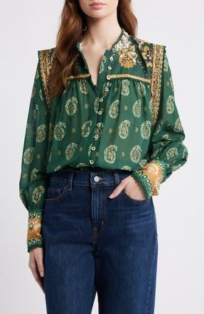 Farm Rio Tayla Paisley Cotton Button-Up Shirt in Green at Nordstrom Rack, Size Xx-Small