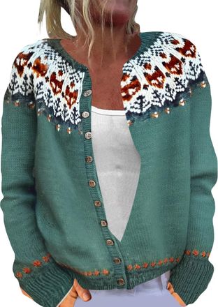 Generic Cardigans for Women UK Vintage Fair Isle Sweaters Lightweight Open Front Cardigan Casual Long Sleeve Button Down Sweaters Ladies Loose Comfy Coat Autu
