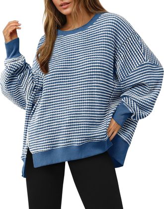 Generic Oversized T Shirts for Women Womens Oversized Striped Sweatshirts Loose Fit Waffle Knit Crew Neck Sweatshirt Color Block Long Sleeve Drop Shoulder Sid