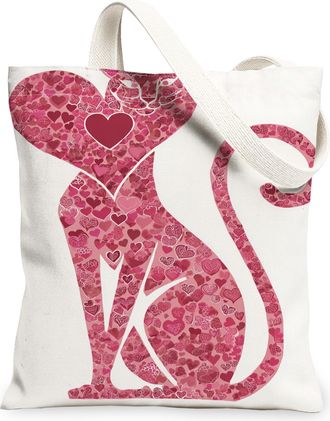 Generic Heart Cat Canvas Tote Bags, Cute Cat Design Reusable Shopping Bags, ValentineS Day Lightweight Washable Shoulder Strap Can, Peach, 13x15 Inch