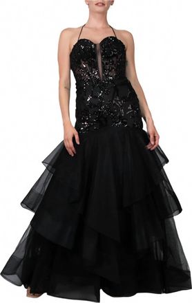 Colors Dress Embroidered Plunging Neckline Gown In Black