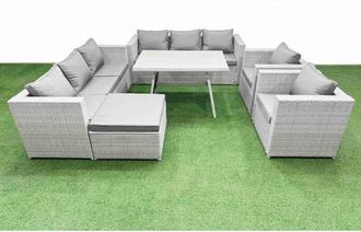 Fimous 9 Seater Garden Furniture Set pe Ratten Garden Sofa Set with Rectangular Dining Table Big Stool Light Grey - Fimous