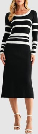 Mila Mae Varigated Stripe Long Sleeve Rib Sweater Dress in Black White at Nordstrom Rack, Size X-Large