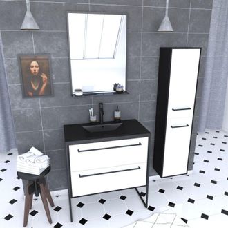 Aurlane Aurlane - Pack mueble de baño 80x50 - 2 cajones blancos, lavabo negro, espejo, columna suspendida