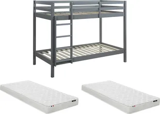 Vente-Unique Vente-unique - Letto A Castello + Materasso 2 X 90 X 190 Cm Pino Massello Grigio - Anicet Ii
