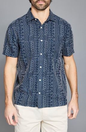 Billy Reid Geo Stitch Short Sleeve Linen Sport Shirt in Blue at Nordstrom, Size Xx-Large