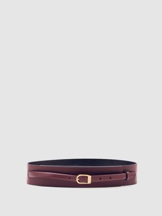 Reiss Burgundy Leather Double-strap Corset Waist Belt, L