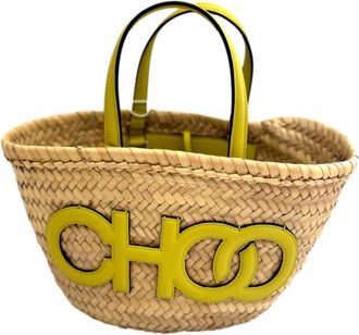 Jimmy Choo London Womens Logo Crossbody Tote Bag In Natural Raffia Citron Yellow Trim