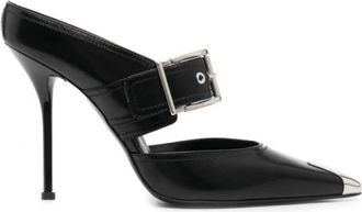 Alexander McQueen Zwarte leren muil met zilveren gesp en puntige neus - Dames - Muiltjes - Zwart - 38 EU - Leer - Schoenen
