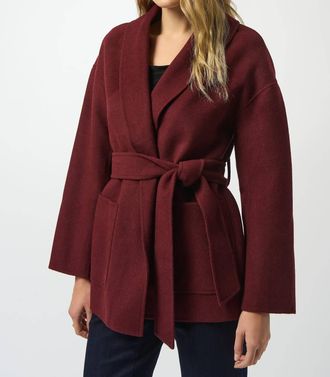 Joseph Ribkoff Belted Short Wrap Kimono Coat In Merlot
