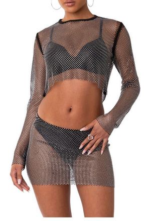 Edikted Embellished Sheer Fishnet Crop Top in Silver at Nordstrom, Size Medium