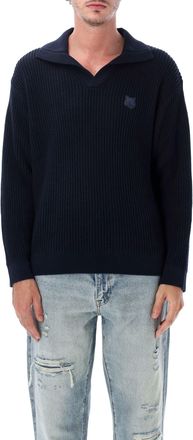 Maison Kitsun&eacute; Fox Head Ribbed Cotton Long-Sleeve Polo Shirt