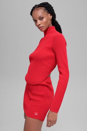 Alo | Denim Knit Backless Long Sleeve Yoga Mat in Bright Red, Size: Medium