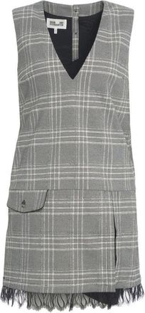 Baum Und Pferdgarten Mini Dress With Grey Plaid Pattern And Fringed Hem