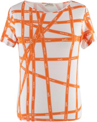 Herm&egrave;s Orange & White Bolduc Ribbon Print T-shirt Size S