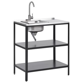 Beliani Cocina Exterior De Acero Isla Con Fregadero Ca&ntilde;o Monomando Estantes Encimera De Acero Inoxidable 80x50x92 Cm Negro Vilama