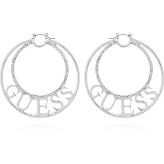 Guess Logo Pav&eacute; Hoop Earrings in Silver Tone at Nordstrom Rack