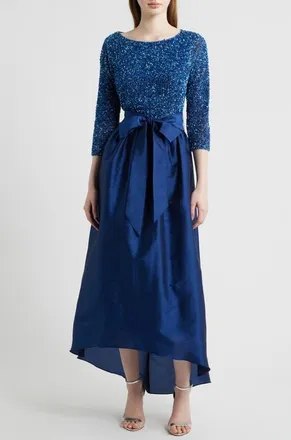 Pisarro Nights Beaded Bodice Taffeta A-Line Gown in Denim 427 at Nordstrom, Size 18
