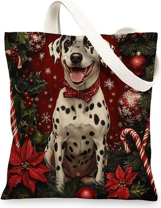 Generic Christmas Dalmatian Dog Canvas Tote Bag for Shopping 13x15, Xmas Candy Poinsettia Puppy Reusable Grocery Print Bag for Women, Holiday Pet Beach Aesthe