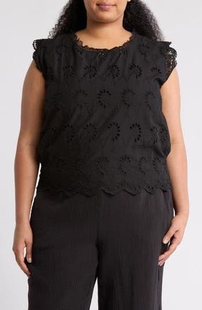 Forgotten Grace Lace Trim Embroidered Eyelet Blouse in Black at Nordstrom Rack, Size 1X