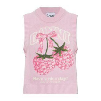 Ganni Round-neck Knitwear, female, Pink, Size: 2XS Logo Vest