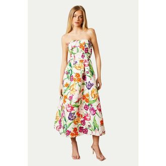 Oasis Floral Twill Strapless Midi Dress in Multi at Nordstrom, Size 10