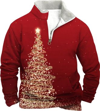 Generic Christmas Jumpers for Men 1/4 Zip Xmas Tree Pullover Ugly Christmas Sweatshirt Long Sleeve Sweater Fleece Stand Collar Sweatshirt Reindeer Snowflakes 