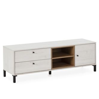 HOMN Mueble tv 2 cajones y 1 puerta, color blanco/madera, 136,5x40x47 cm