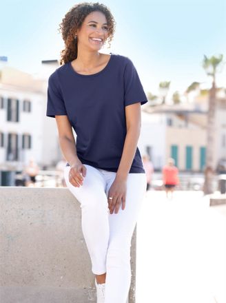 Casual Looks Kurzarmshirt CASUAL LOOKS Kurzarm-Shirt, Damen, Gr. 36, blau (marine), 95% Baumwolle, 5% Elasthan, unifarben, Rundhals, Shirts Kurzarmshirt