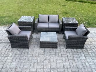 Fimous Outdoor Lounge Sofa Set Wicker PE Rattan Garden Furniture Set with Armchair Squar Coffee Table 2 Side Tables in Dark Grey