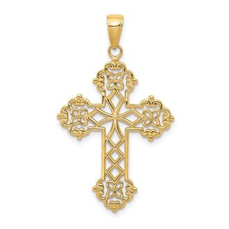 Diamond2Deal 14k Yellow Gold Lacey Budded Cross Pendant
