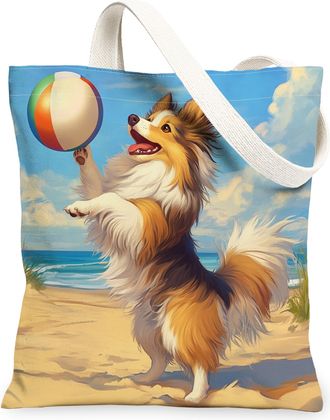 Generic Canvas Tote Bag for Shopping 13x15, Beach Coastal Beachy Puppy Reusable Grocery Print Bag for Women, Fun Pet Beach Aesthetic Painting Gift Decor