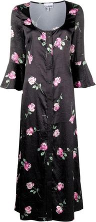 Ganni Cr&ecirc;pe midi-jurk met bloemenprint - Dames - Maxi kleedjes - Zwart - M - Polyester - Kleedjes