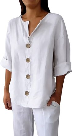 Generic Plus Size 3/4 Sleeve Linen Tops for Women UK Summer V Neck Mid Long Sleeve Tops Ladies Casual Loose Vacation Beach Solid Color down Blouses Tunic T Sh