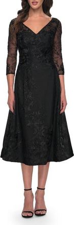 La Femme Stylish Tea Length Mother of the Bride Dress with Sleeves in Black at Nordstrom, Size 16