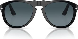 Persol 0po0649 Glossy Black Aviator Sunglasses with Silver Accents