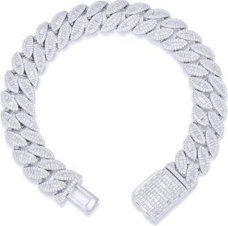 Jewelco London Silver Baguette CZ Cuban Curb 14mm Chain Bracelet 2.5oz - ABB202-9