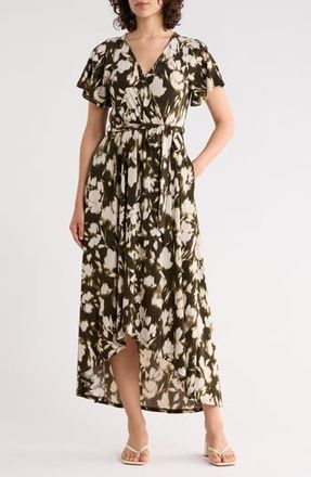 West K Flutter Sleeve High-Low Dress in Olive Ink Floral at Nordstrom Rack, Size X-Large