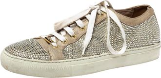 Le Silla Metallic Beige Crystal Embellished Suede Low Top Sneakers