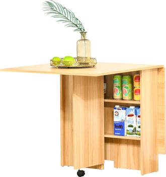HOMCOM Mesa Plegable Con Ruedas, Mesa De Comedor De Dise&ntilde;o, Mesa Plegable Que Ahorra Espacio, Dise&ntilde;o Moderno, Con Ruedas, Estantes De Almacenamiento, 140 &times; 8