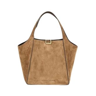 Brunello Cucinelli Su&egrave;de bucket bag met goudkleurige sluiting - Dames - Tassen - Beige - Maat: ONE Size Su&egrave;de