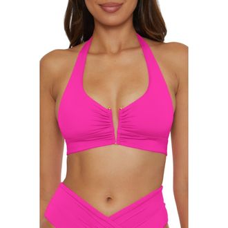 BECCA by Rebecca Virtue Shirred V-Wire Halter Bikini Top in Pink Flamb at Nordstrom, Size Medium
