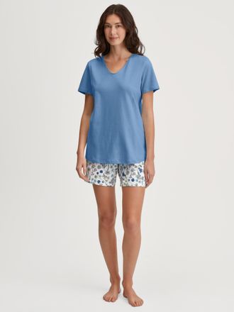CALIDA Shorty CALIDA Graphic Nights, Damen, Gr. L (48/50), blau (riviera blau), Single Jersey, Obermaterial: 100% Baumwolle, bequem kurz, V-Ausschnitt, Homew
