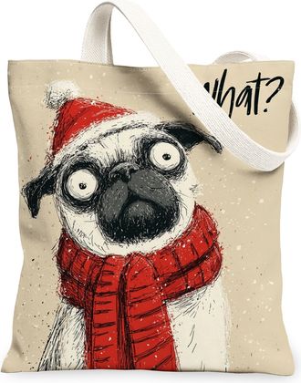 Generic Christmas Pug Canvas Tote Bags, Cute Dog Pattern Reusable Grocery Bags, Festive Vintage Lightweight Washable Shoulder for T, Beige, 13x15 Inch