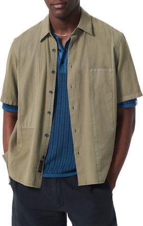 Rag & Bone Dalton Mixed Media Patchwork Short Sleeve Button-Up Shirt in Burnt Olive at Nordstrom, Size Xx-Large